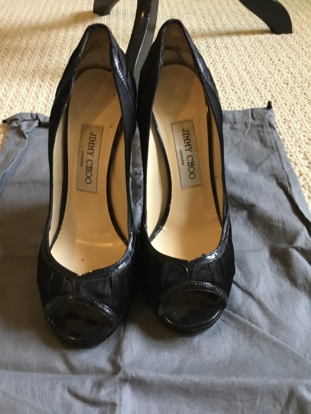 Jimmy Choo London Black Satin Peep-Toe Pumps – Elegant Designer Heels